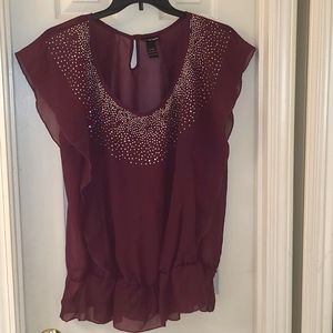 Burgundy sheer shirt with silver beads